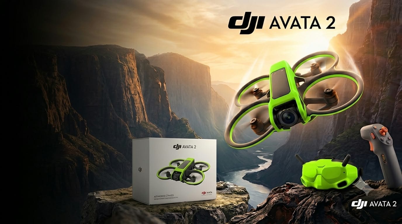 DJI Avata 2 edición verde neón volando sobre un cañón