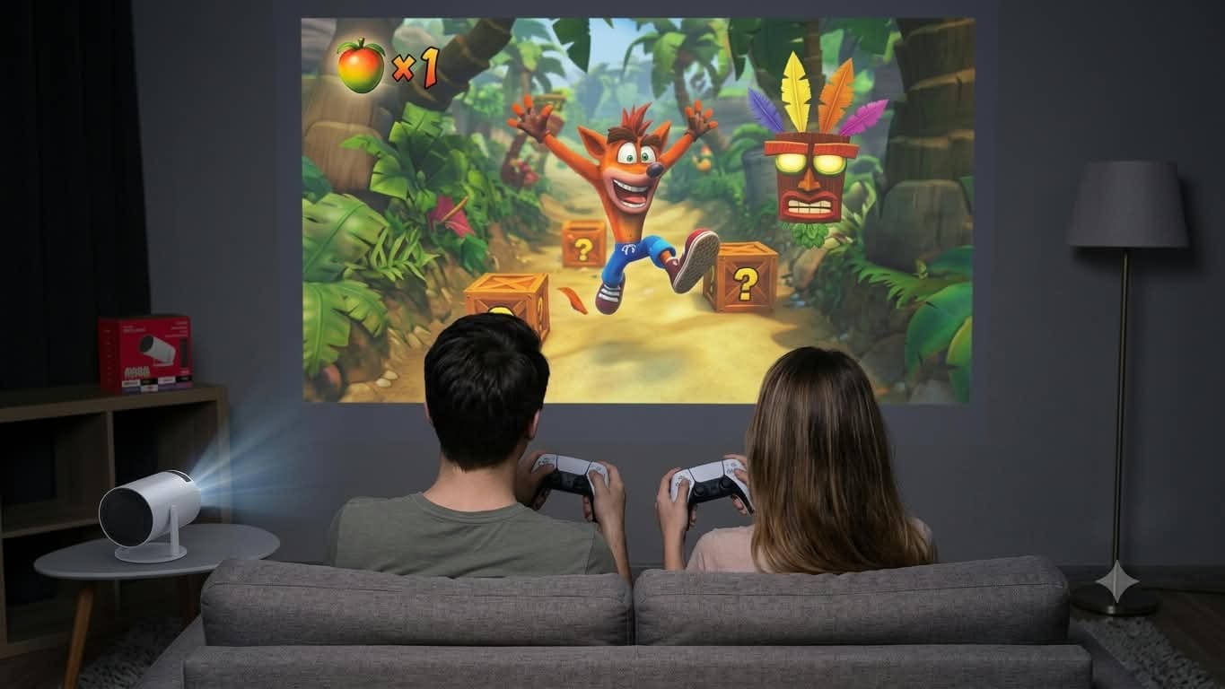 Pareja jugando con el Game Projector en la pared del living